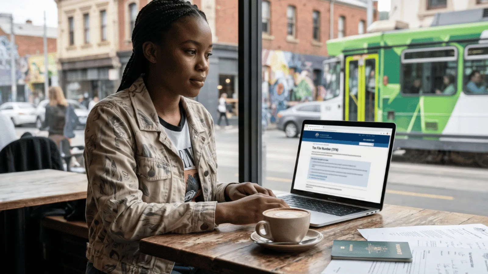 Person applying for an Australian Tax File Number online using a laptop with passport and identity documents on a desk.