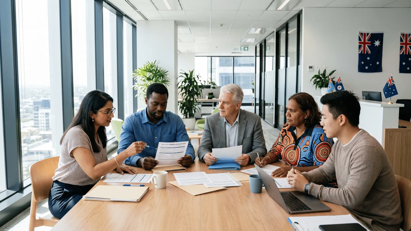 TFN Application Document Review in Australia People reviewing documents for TFN application in an Australian office.