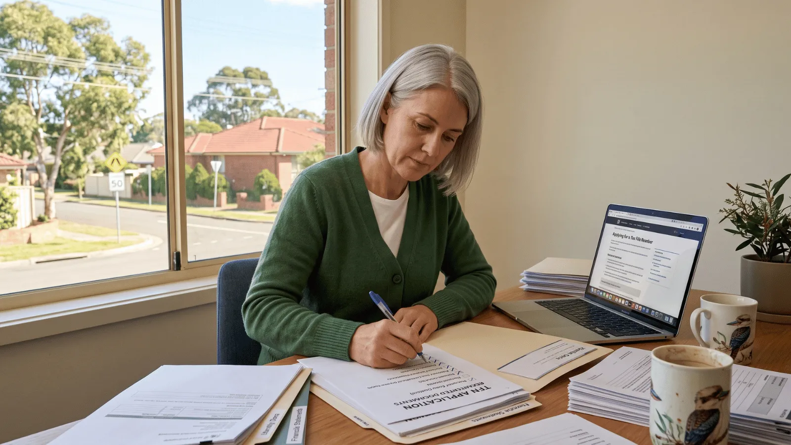 Young adult checking TFN application document checklist in home office.