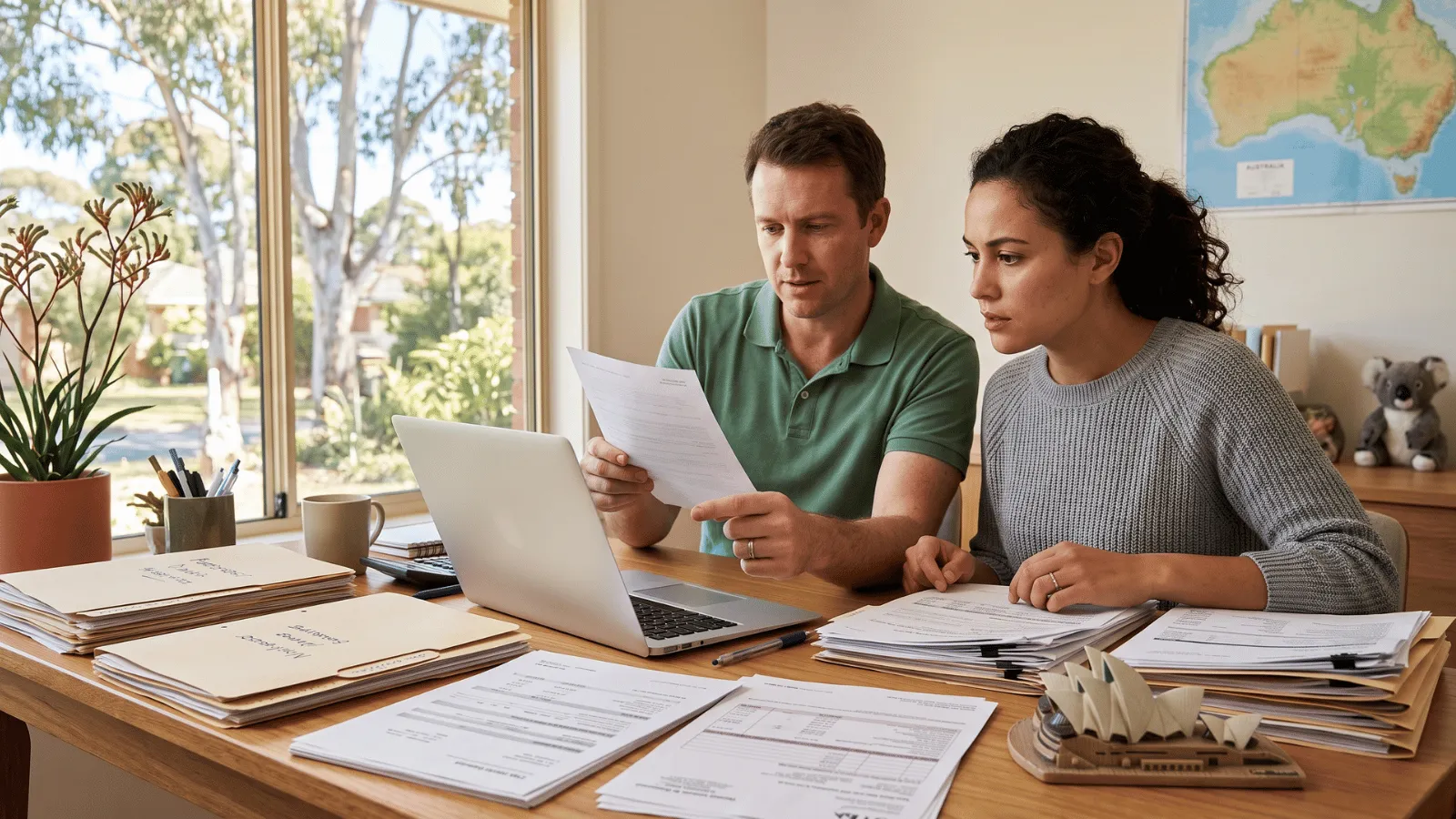 Finding Your TFN in Australia Persons searching for their TFN through documents and online on a laptop.