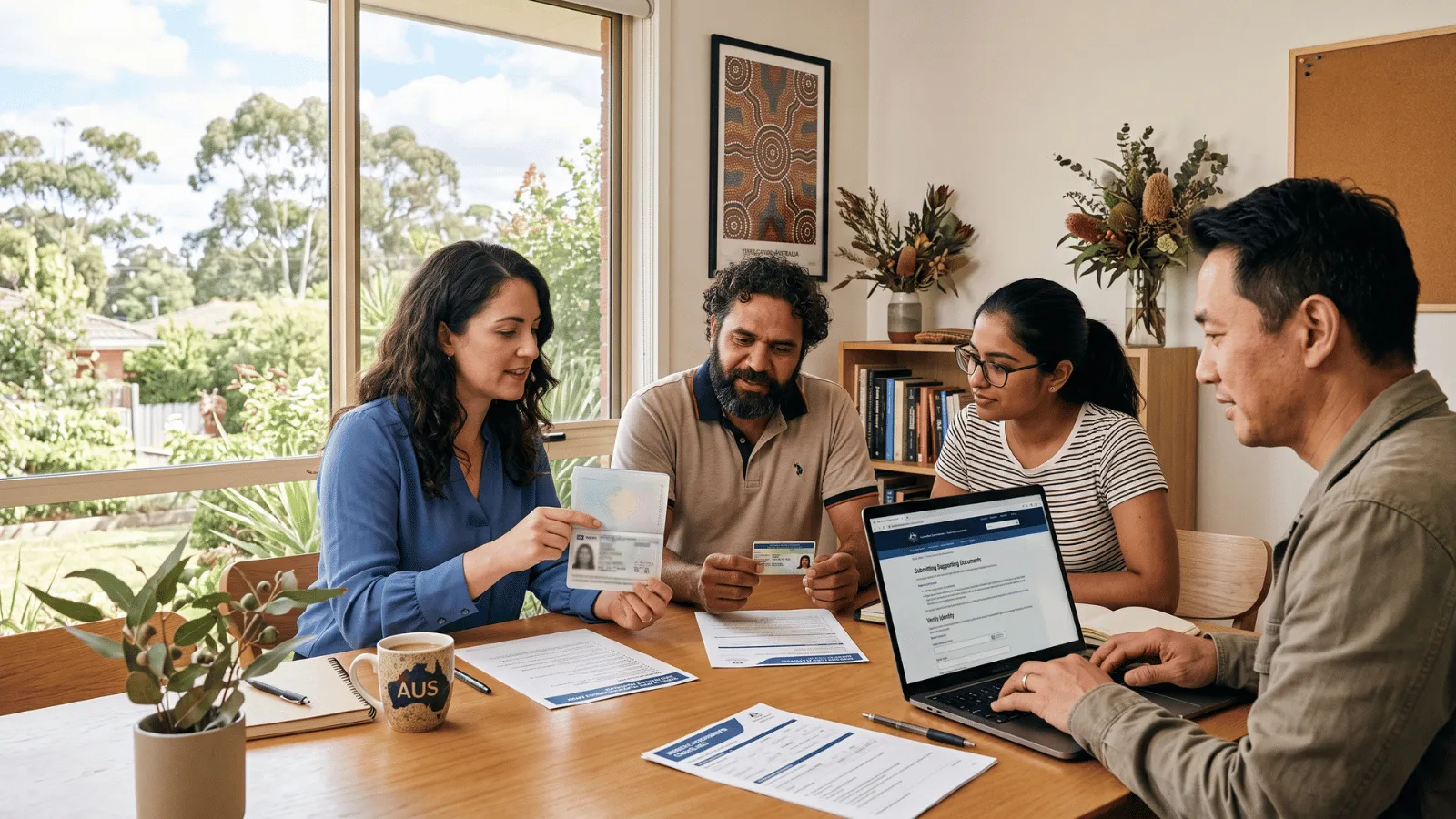 Diverse group reviewing identity documents for TFN application in Australia.