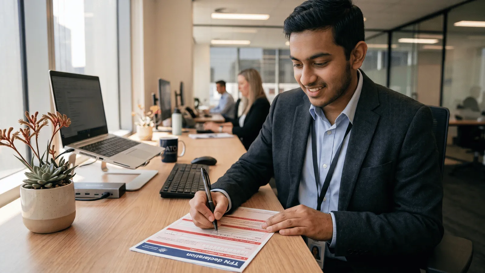Completing a TFN Declaration Form Person filling out a TFN declaration form at a desk in an office.