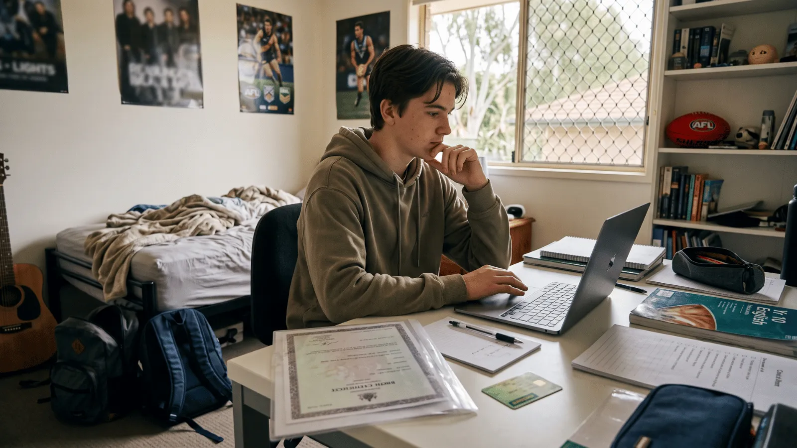 School student preparing documents for a TFN application at a desk.