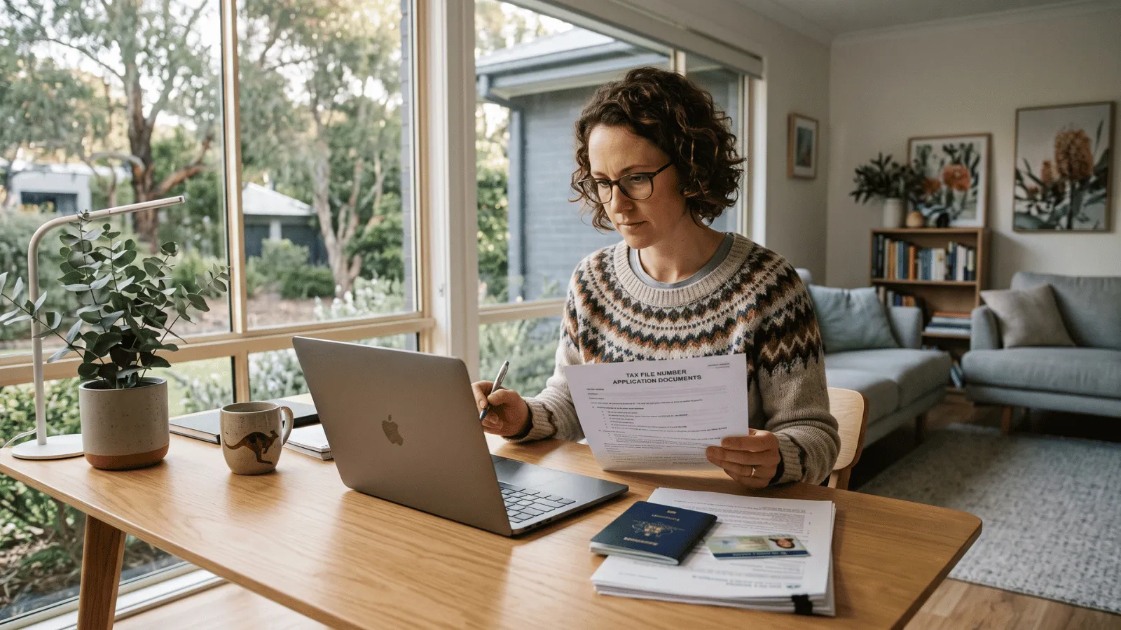 Australian worker reviewing TFN application documents at home